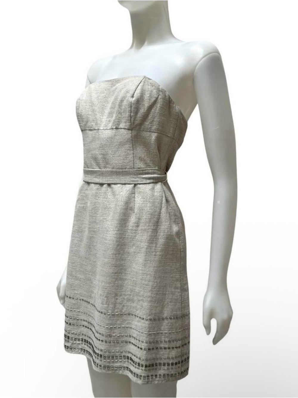LOFT Women’s Petite Strapless Shimmery Gray Linen-Blend Tie-Waist Dress size 2 - Picture 2 of 11